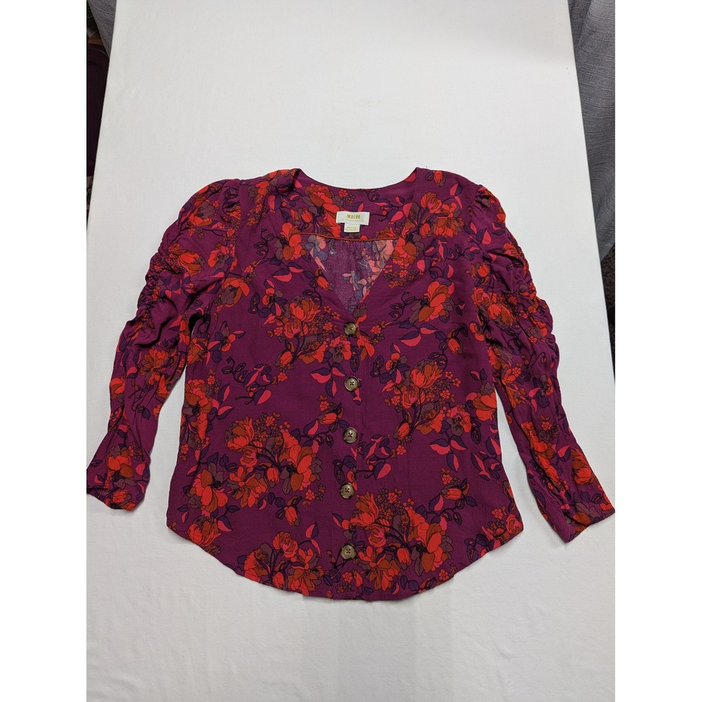 Maeve Anthropologie Purple Floral Ruched Sleeve Button Front Blouse Medium